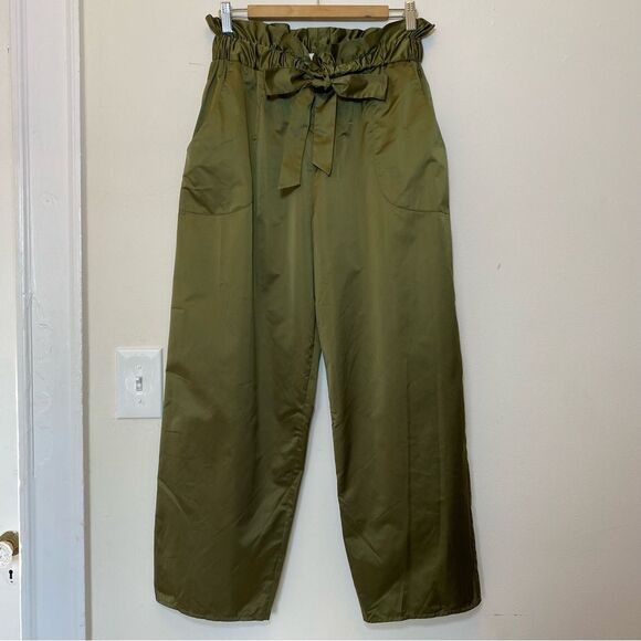 MILLY Kori Paperbag Gathered Waist Wide-Leg Satin Trouser Pants Olive Green M - Picture 3 of 13
